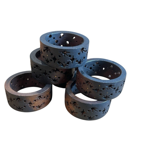 Vintage Wooden Napkin Holder Rings Set of 6 with Dye Cut Pattern Boho Cottage - Picture 7 of 7